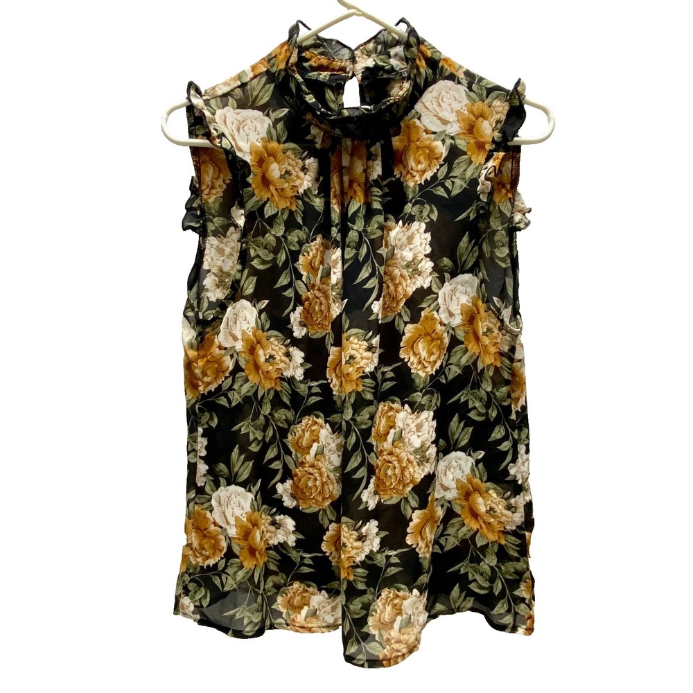 SHEIN‎ Career Top Women's Large Black Neutral Floral Semi Sheer Ruffle Trim EUC